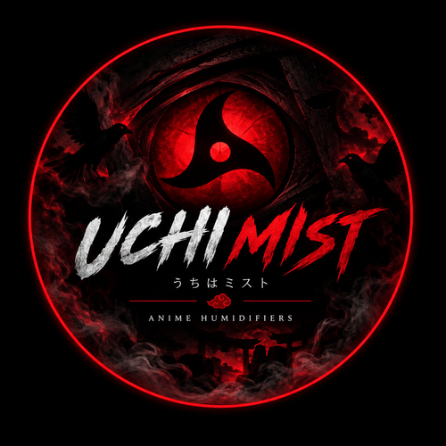 UchiMist anime humidifiers logo in white and red, with Sharingan, ravens and mist